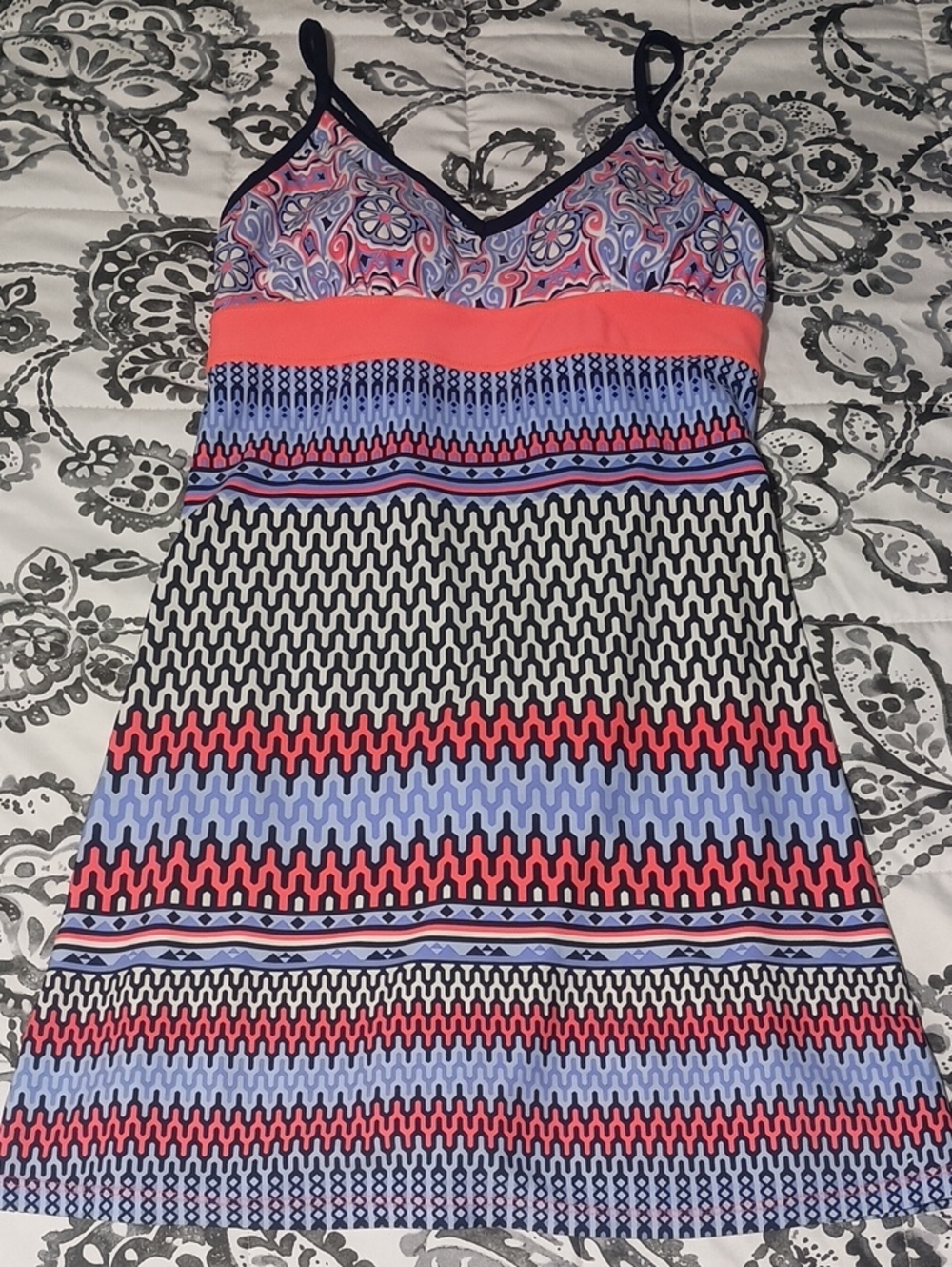 Gerry Weber Coral, Blue & Black Patterned Spaghetti-Strap Mini Dress